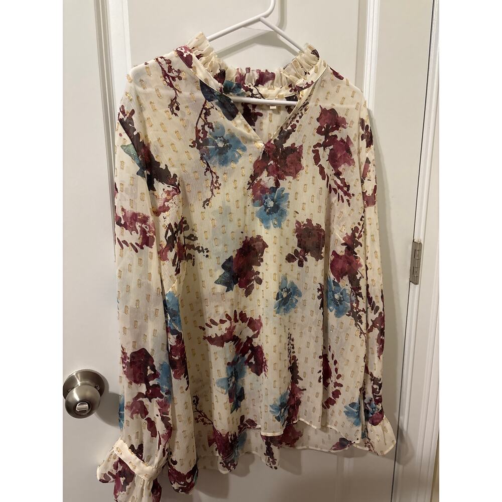 Soft Surroundings Sheer floral Blouse tunic gold maroon blue sz 2X euc